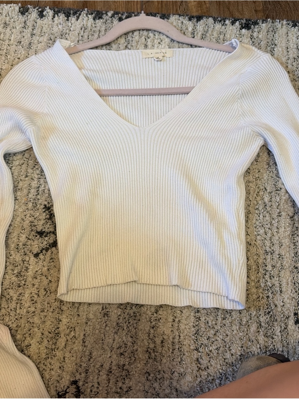 La Hearts Cream Ribbed V-Neck Sweater